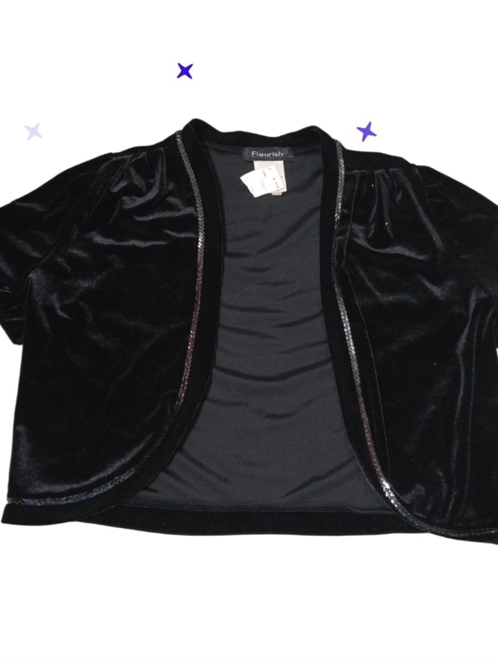 Jrs Xl Bolera Sequin Fleurish Black Velvet Short Sleeve Open Front Jacket